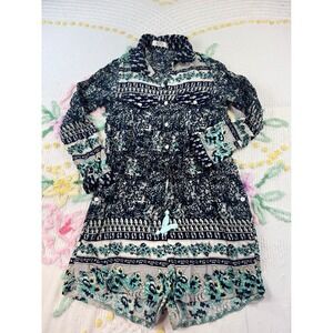 AMOR MIA 100‎ Cotton Floral Print Drawstring Romper Women's Navy Teal